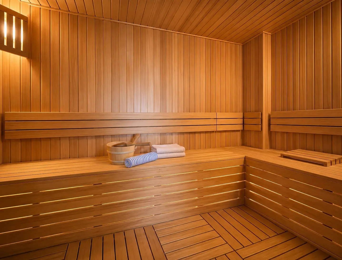 The villa's Finnish sauna, with warmly lit cedar benches, a wooden bucket and folded towels