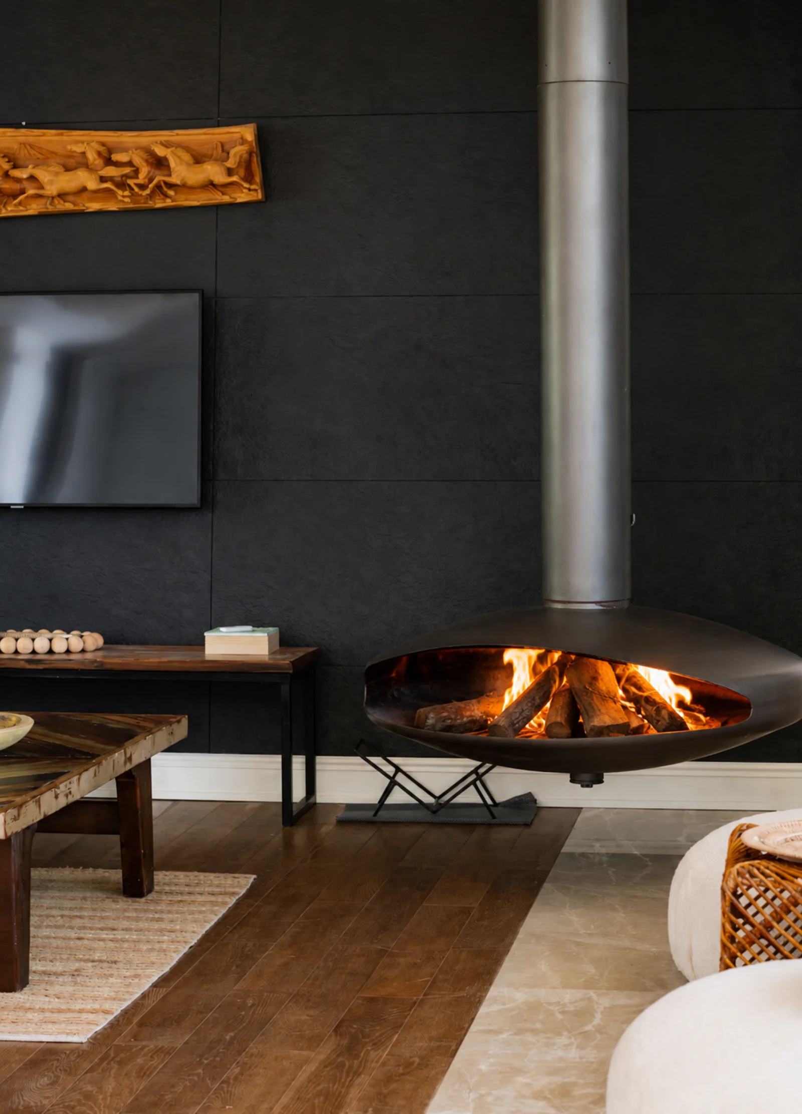 Hanging fireplace in the villa's living room