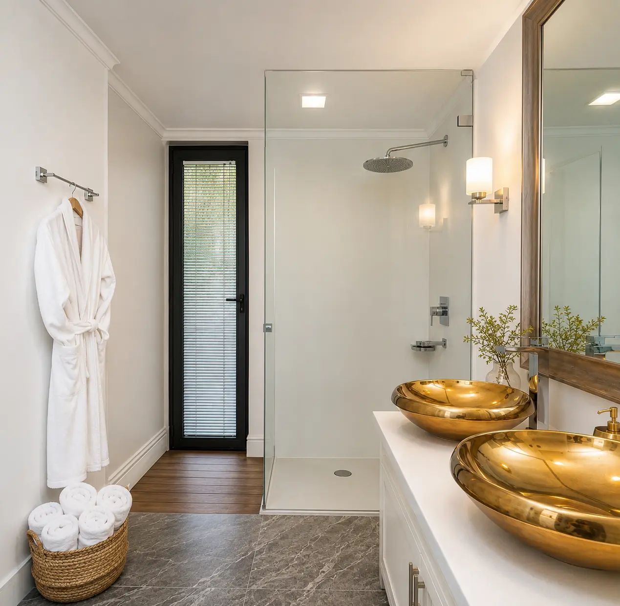 One of the villa's bathrooms, with brass basins, a wood-framed mirror, glass rain shower, robe and rolled towels