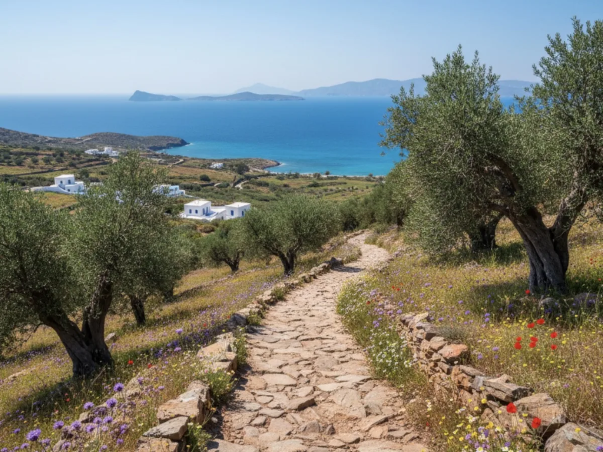 Stone hillside path through olive groves above the Aegean coast